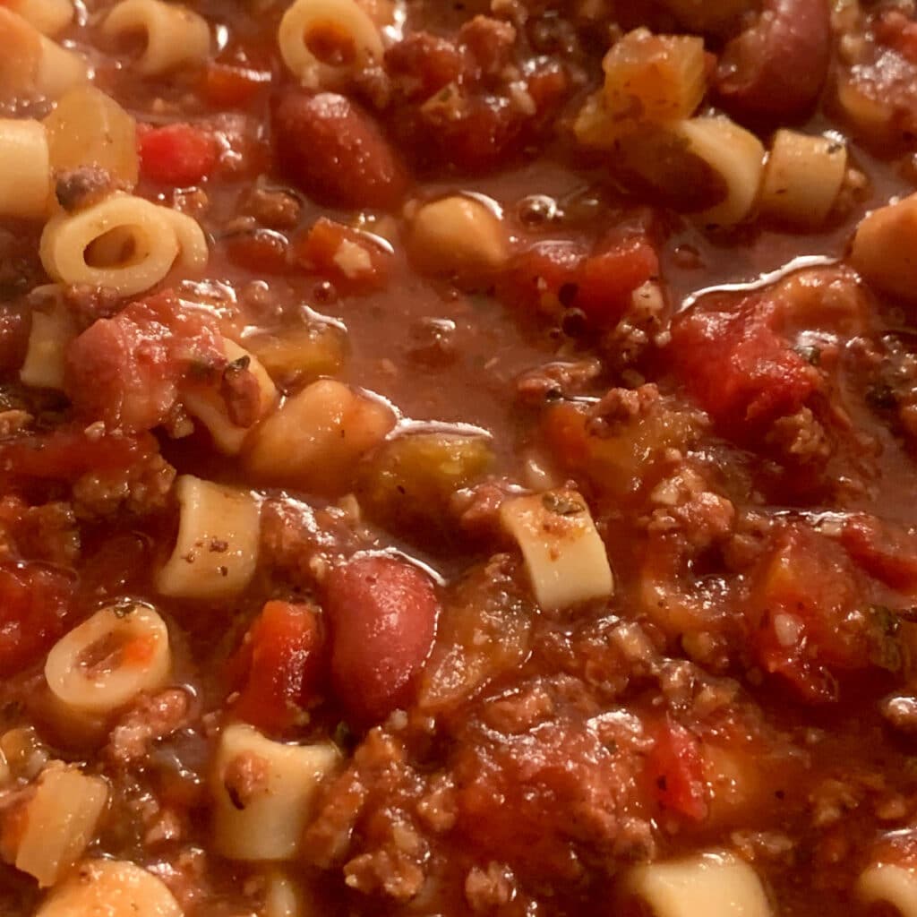 Close up of cooked pasta e fagioli soup