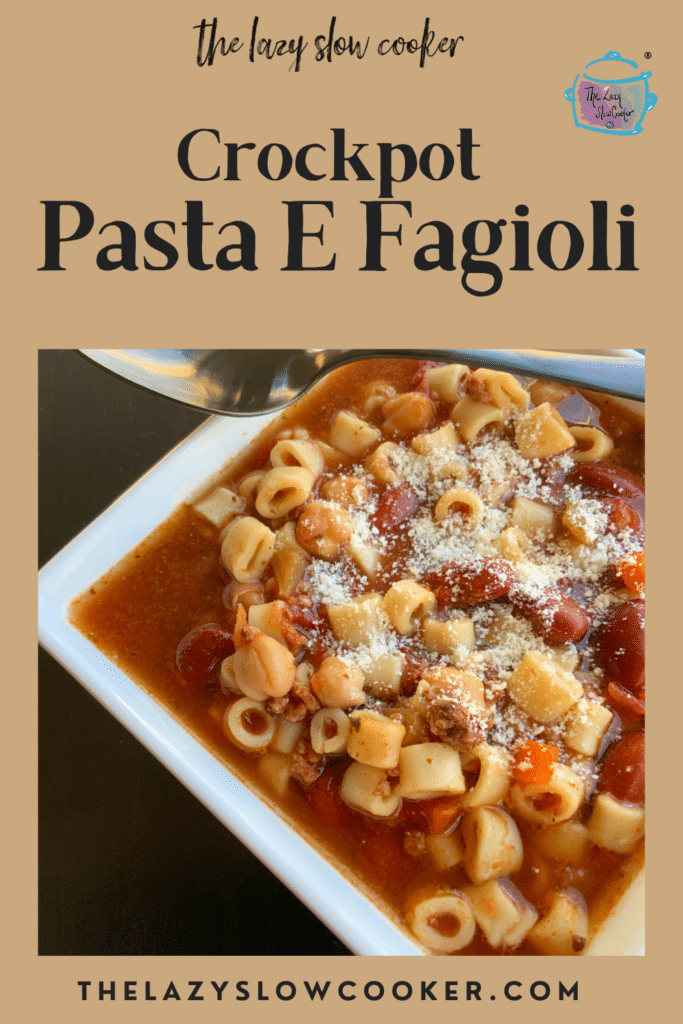a bowl of pasta fagioli with a label