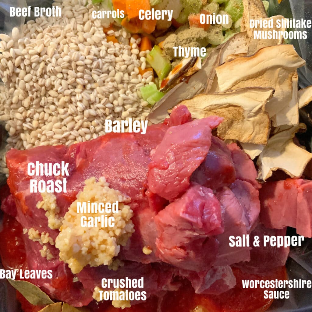 Raw ingredients for soup in slow cooker with labels