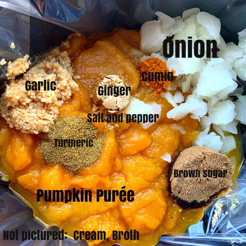 all ingredients for pumpkin soup in slow cooker with labels