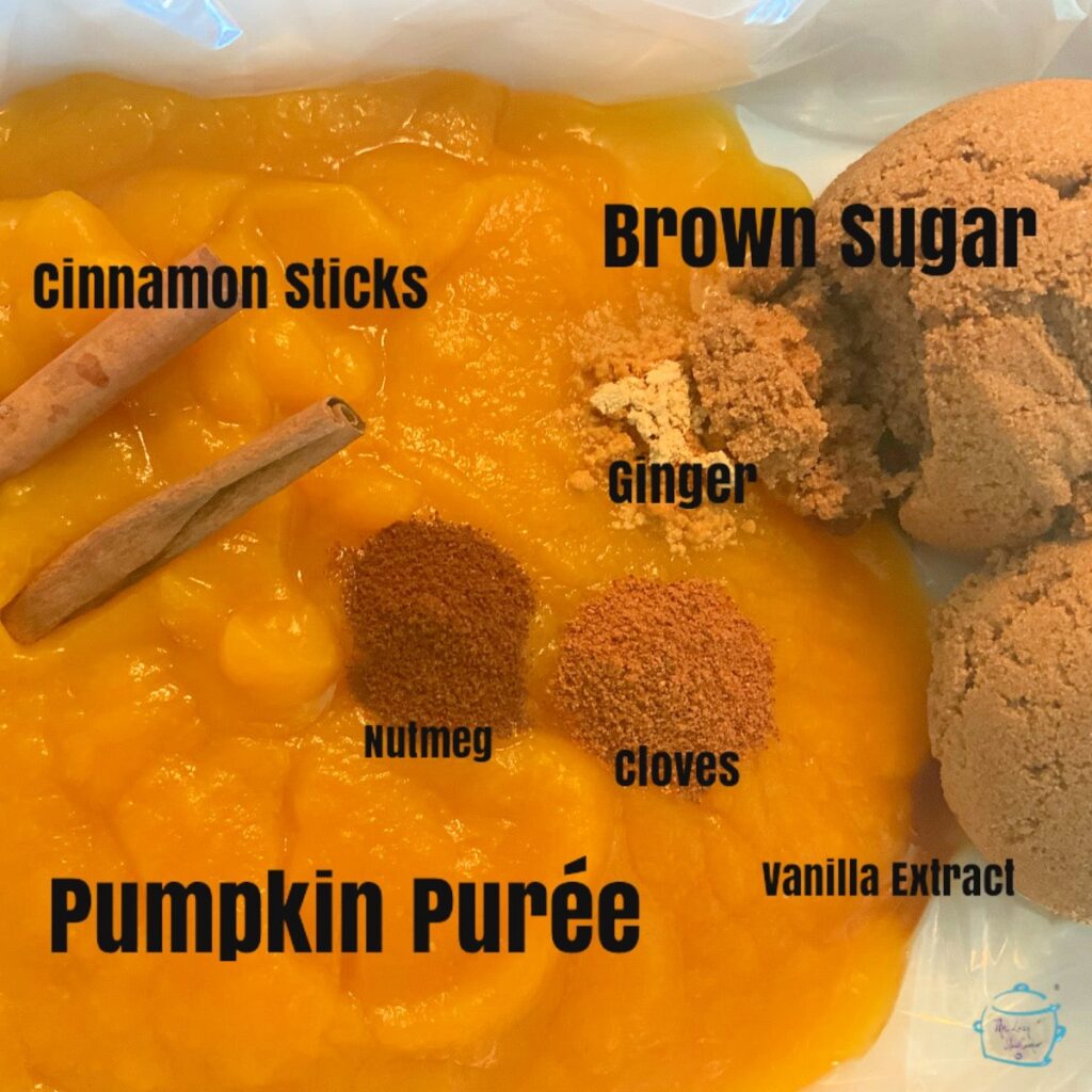 Pumpkin butter ingredients in slow cooker before mixing with labels