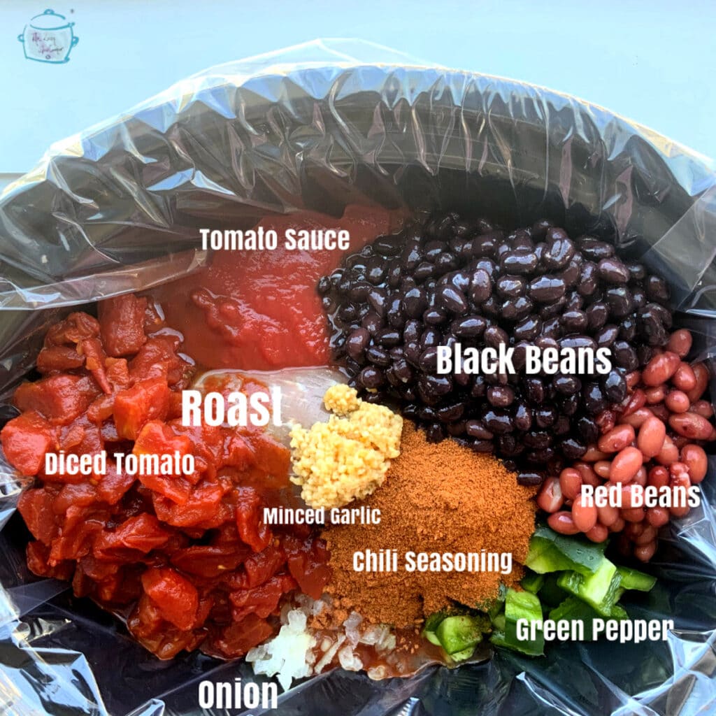 A crockpot full of all chili ingredients prior to cooking. Each ingredient is labeled