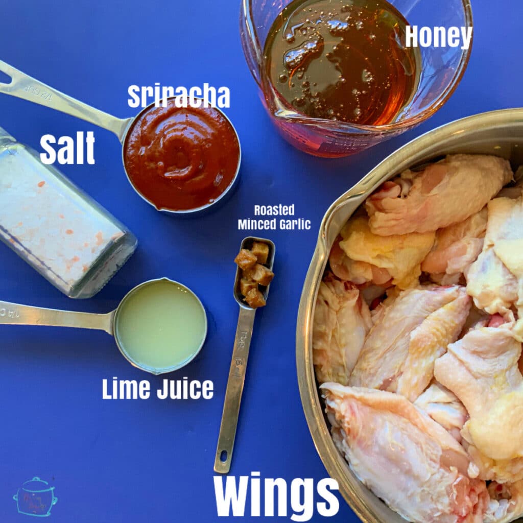 all hot honey wing ingredients with written labels on a blue background