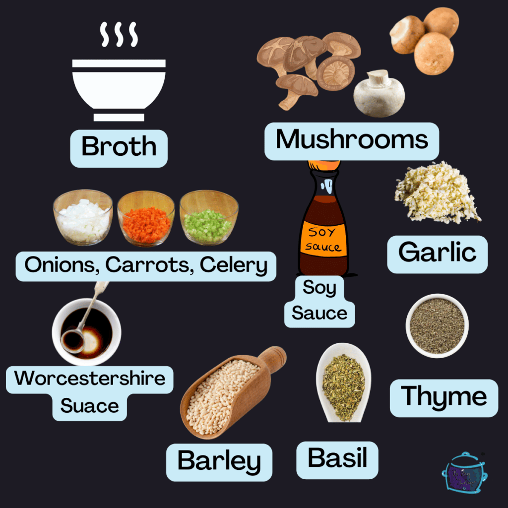 all individual ingredients in slow cooker mushroom soup with labels