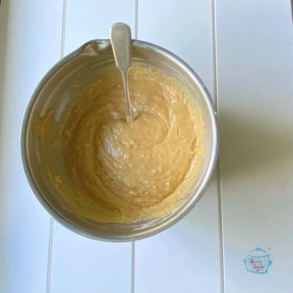 Looking down on a bowl of batter