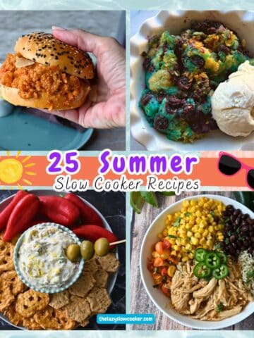 four different photos of summer slow cooker recipes, dirty martini dip, maple lime chicken bowl, blueberry cobbler and chicken parmesan sloppy joe