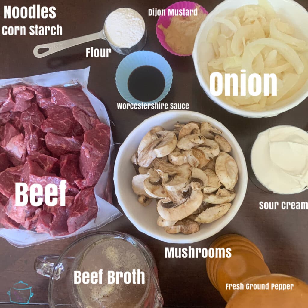 All stroganoff ingredients prior to cooking with labels