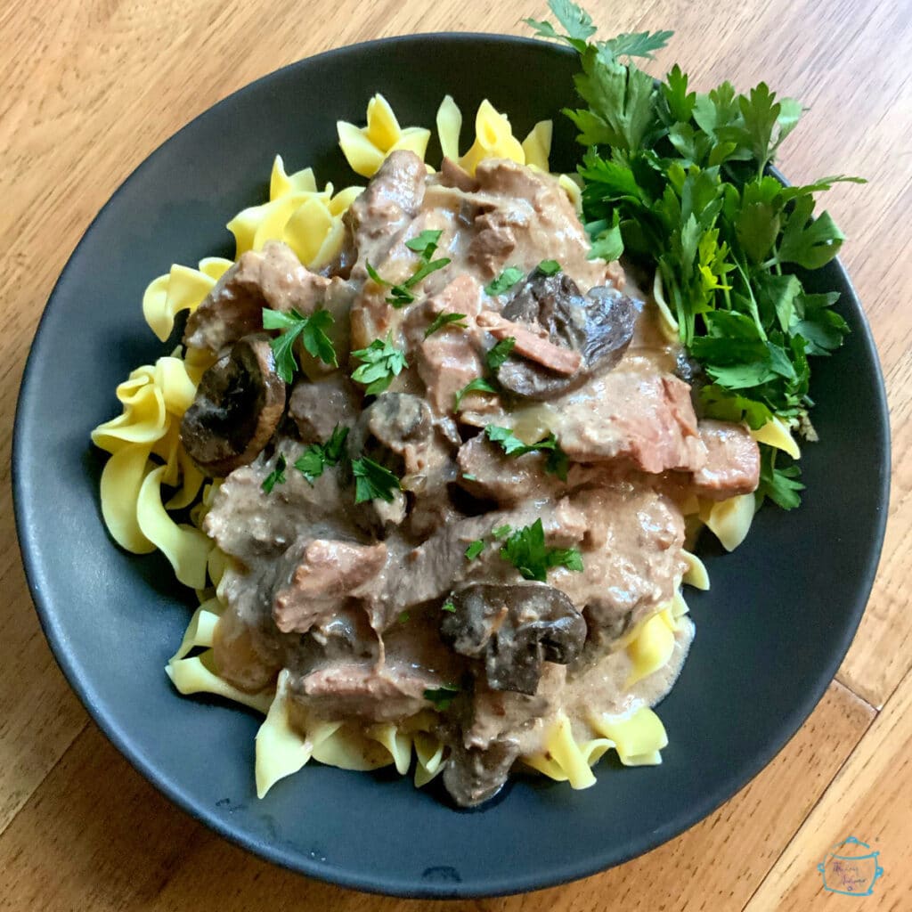 A bowl full of beef stroganoff served on top of pasta