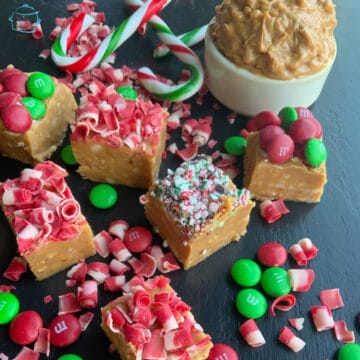 Peanut better fudge with red, white and green candy decorations on top