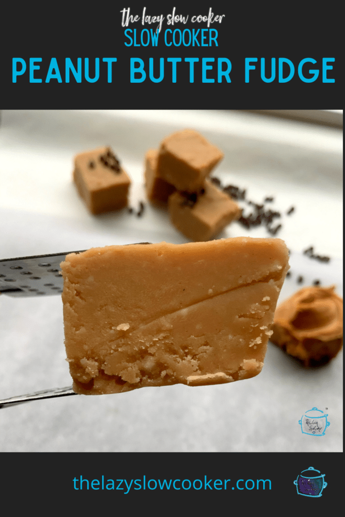 a piece of peanut butter fudge being held by tongs in front of a plate with more fudge.