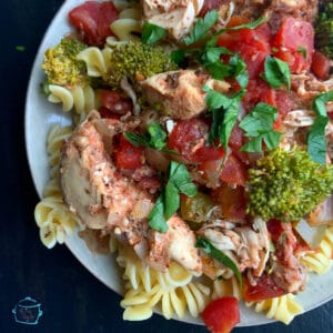 Close up of finished dish topped with chopped parsley