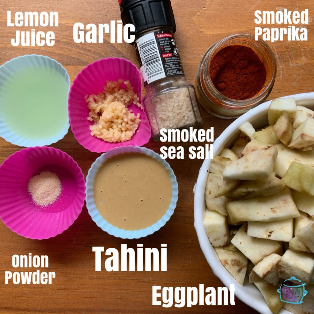 Slow cooker baba ganoush ingredients with lables