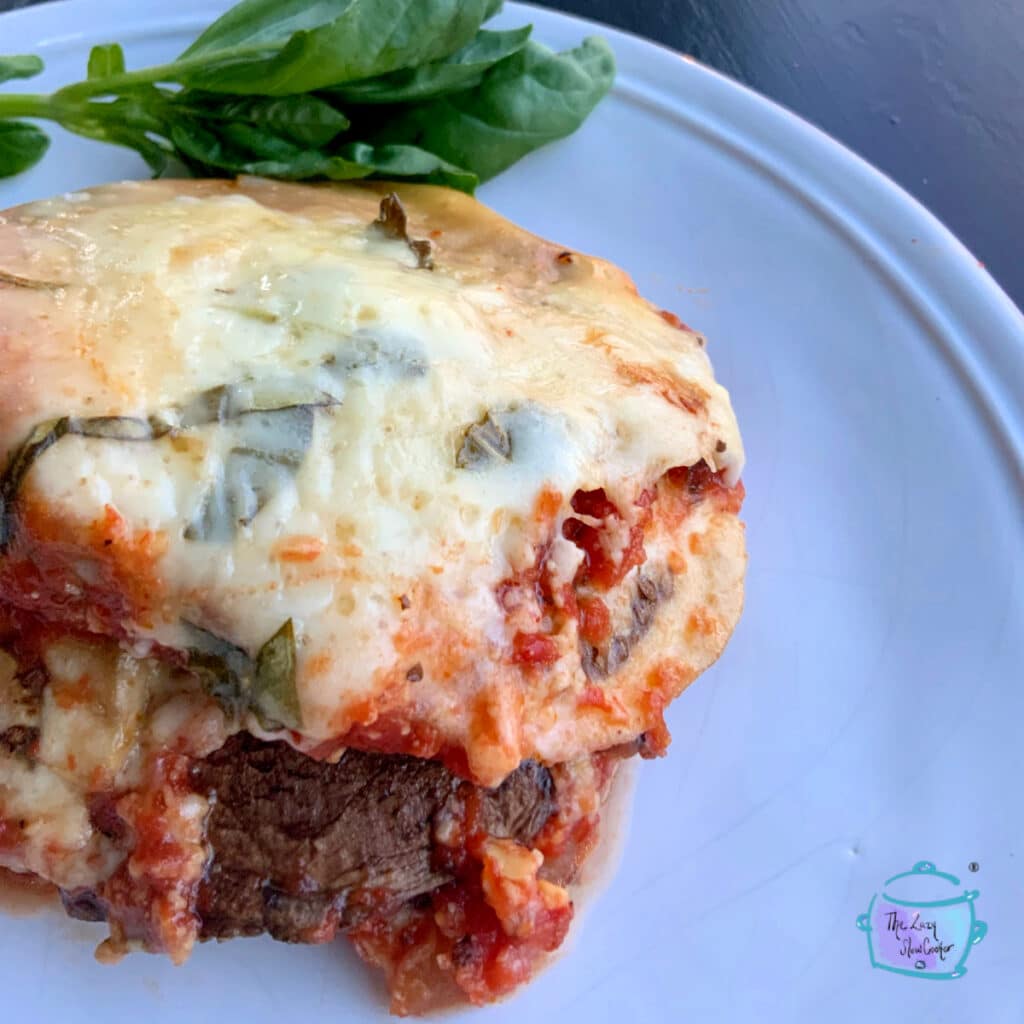 Plated cheesy eggplant casserole slice