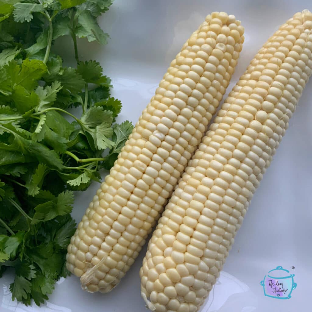 two coooked ears of corn hot out of the slow cooker