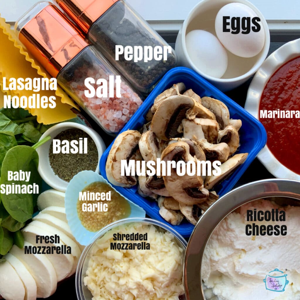 Spinach mushroom lasagna ingredients with labels