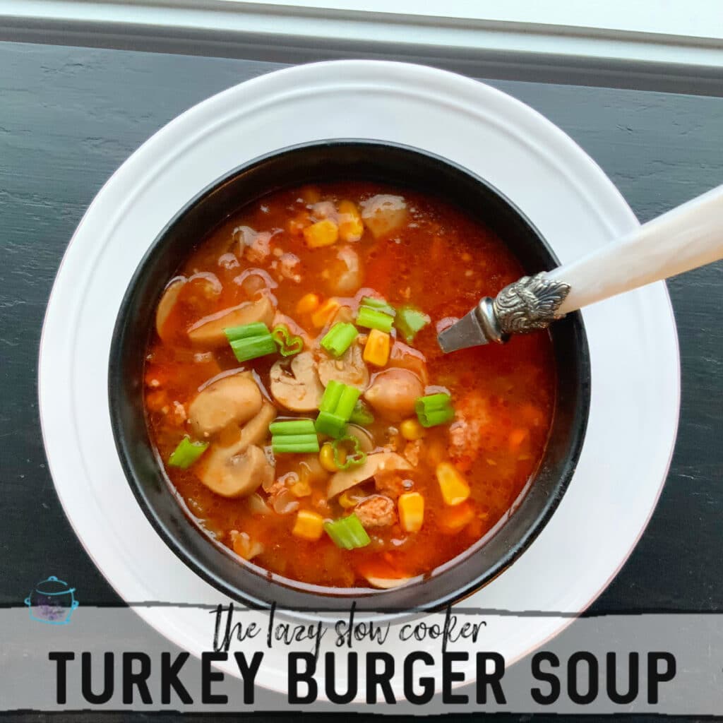 looking down on a bowl filled with gies and ground turkey in a tomato red soup base