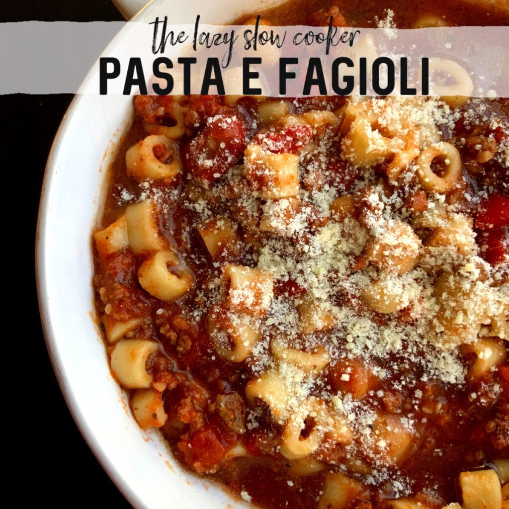 a bowl of thick and rich looking pasta e fagioli