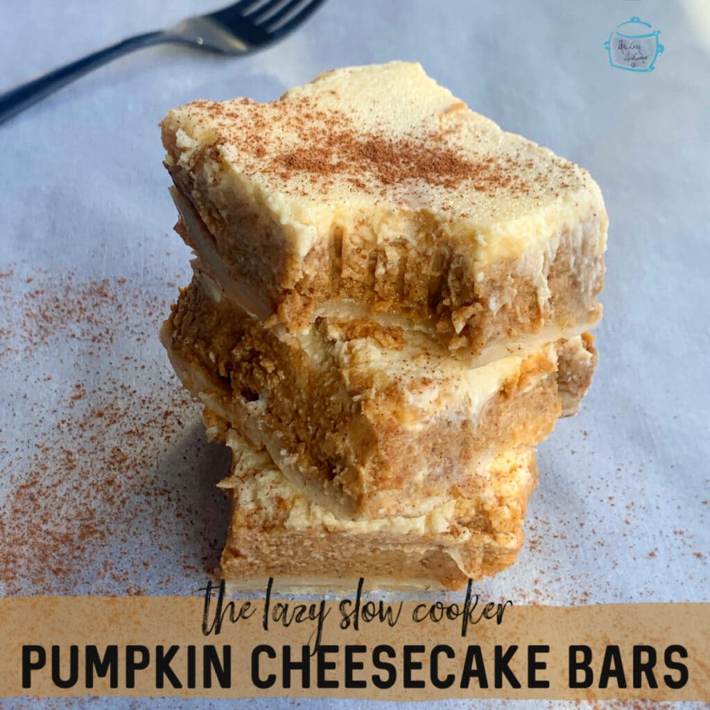 three pumpkin cheese cake squared piled on top of each other