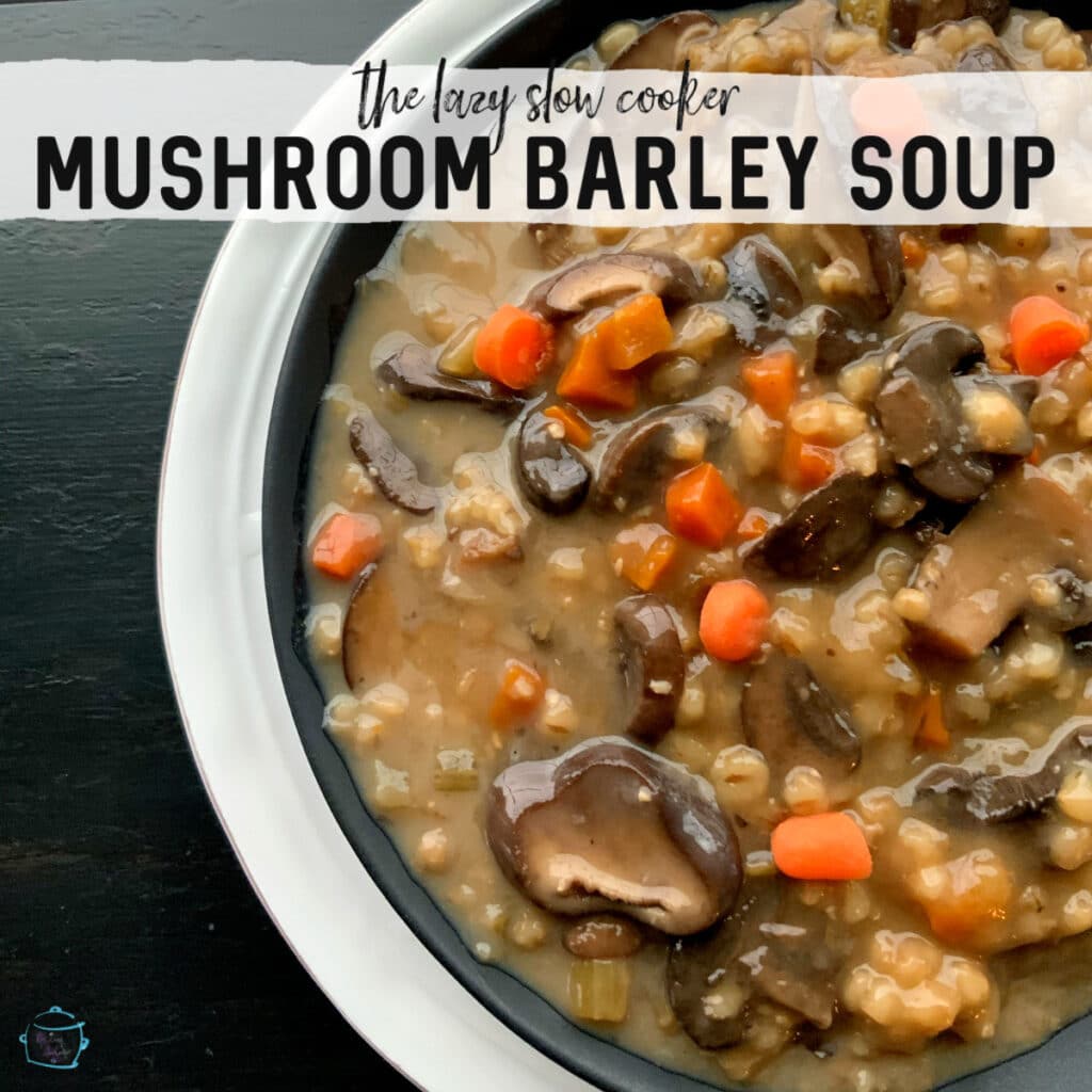 close up of a bowl filled with soup, barley and mushroom pieces