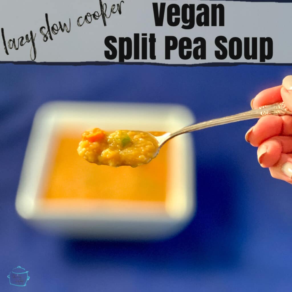 a square white bowl containing yellow split pea soup