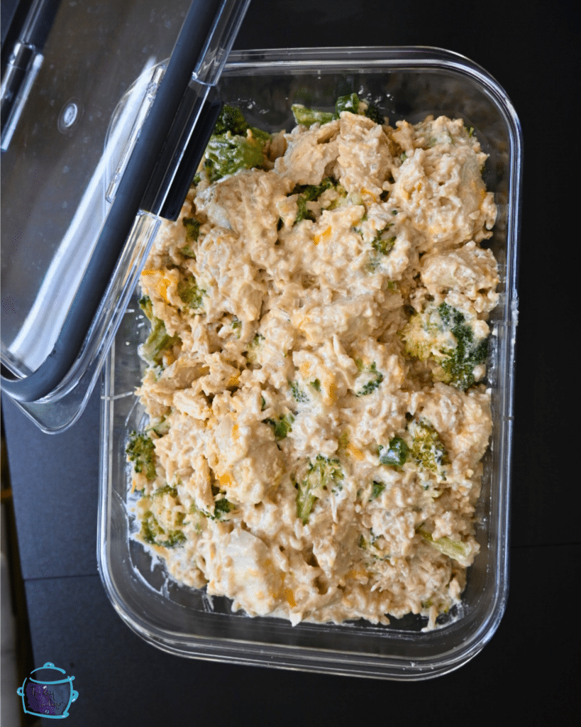 leftover chicken rice and broccoli dinner in an airtight containter