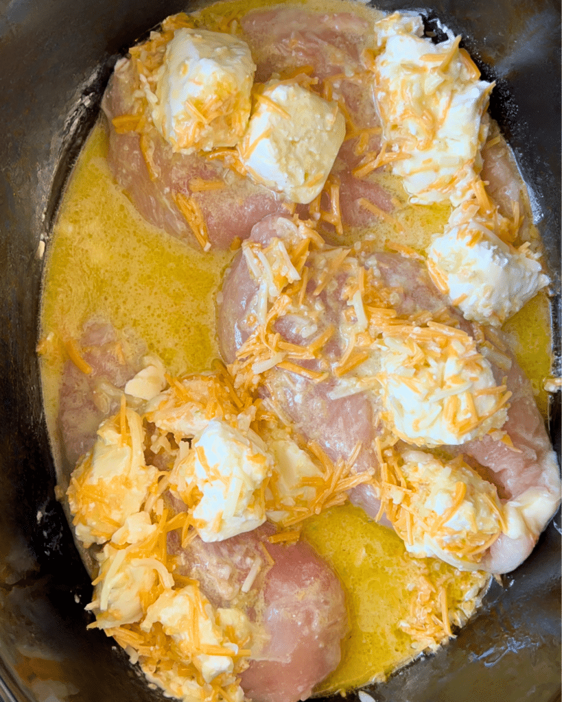 raw chicken ingredients in slow cooker