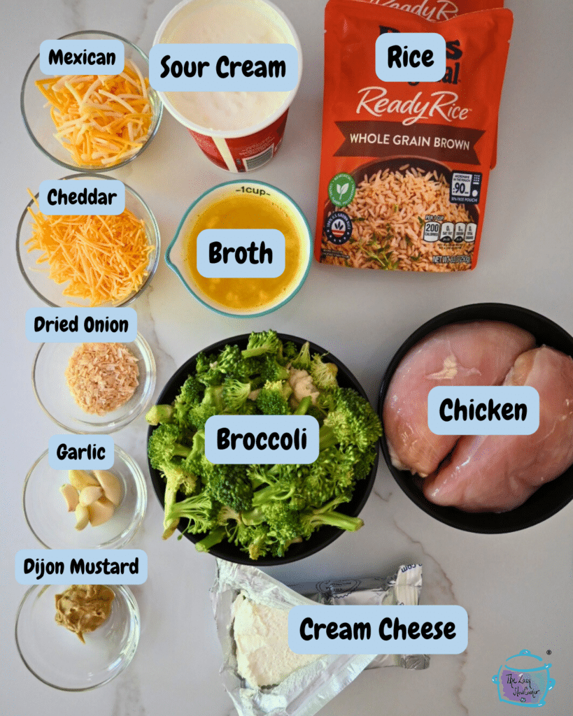 chicken broccoli and rice slow cooker recipe ingredients with lables