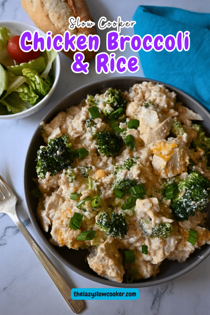 a bowl filled with slow cooker chicken broccoli and rice with a fork and salad on the side.