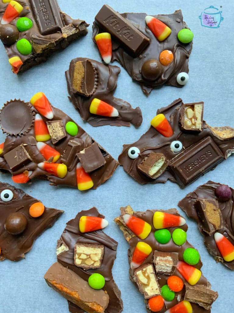 Leftover Halloween candy chocolate bark pieces.