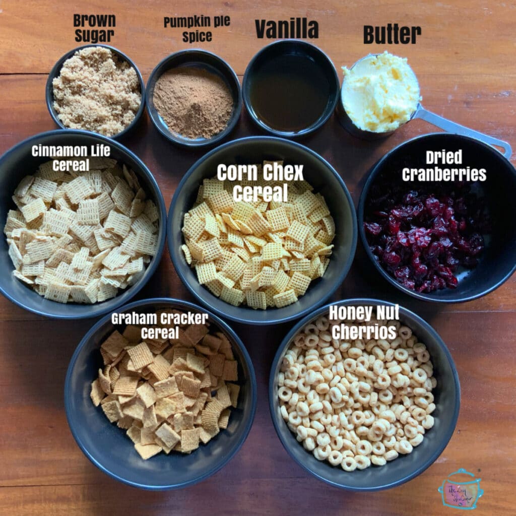 pumpkin pie snack mix ingredients on a table with labels