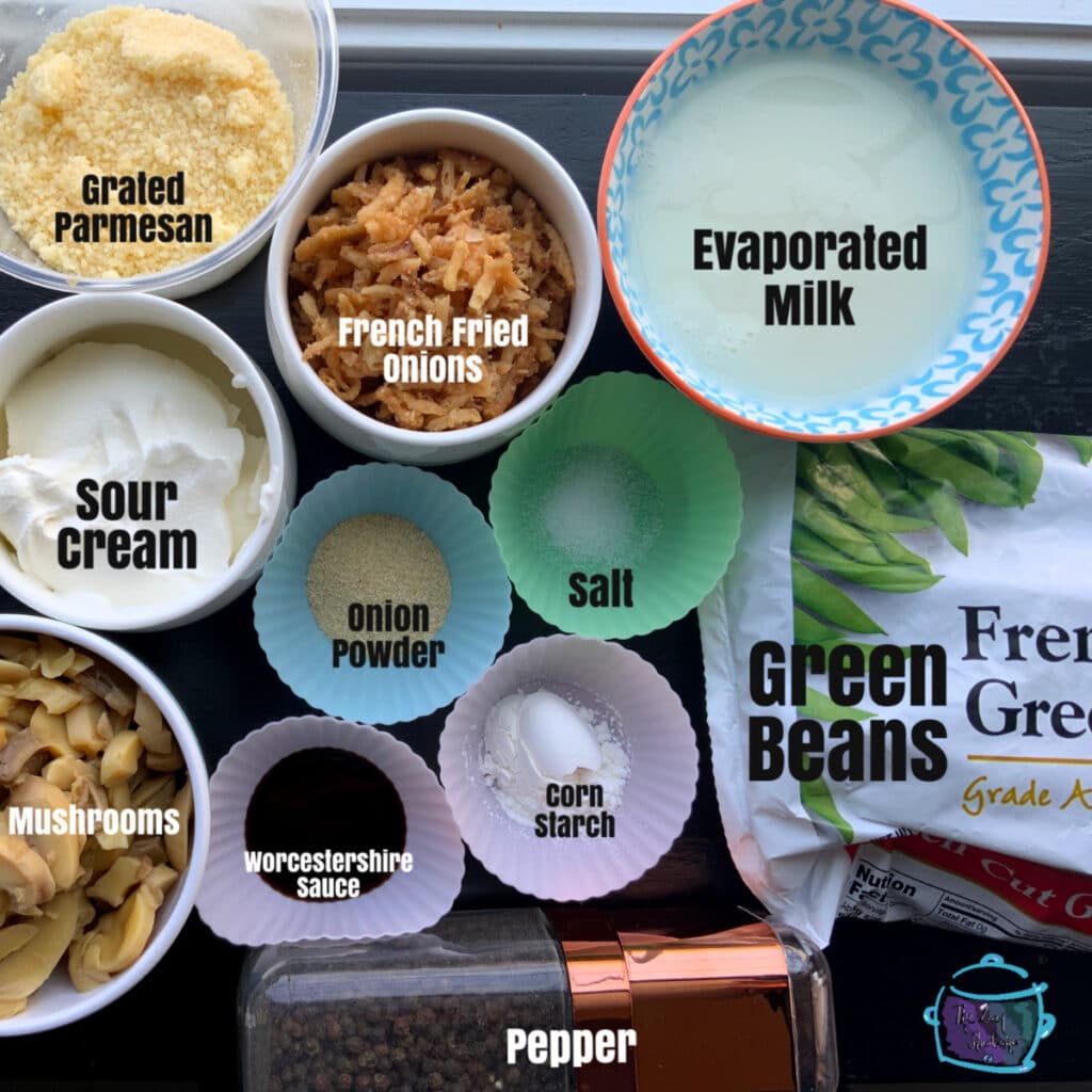 All green bean casserole ingredients with labels