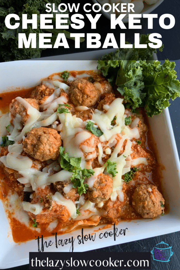 a square white bowl filled with meatballs in a rich red and cheesy sauce