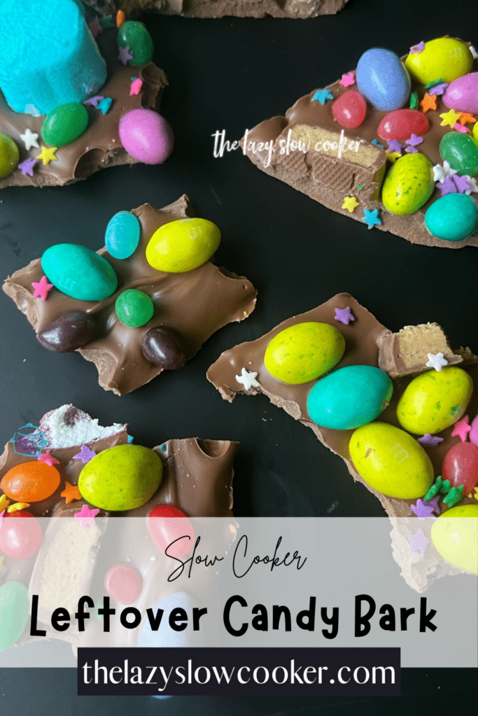 leftover colorful candy Easter eggs and other colorful candy imbedded in a chocolate bark made in the slow cooker