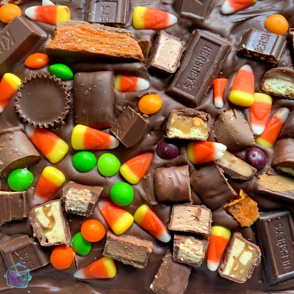 Halloween candy pieces in chocolate bark