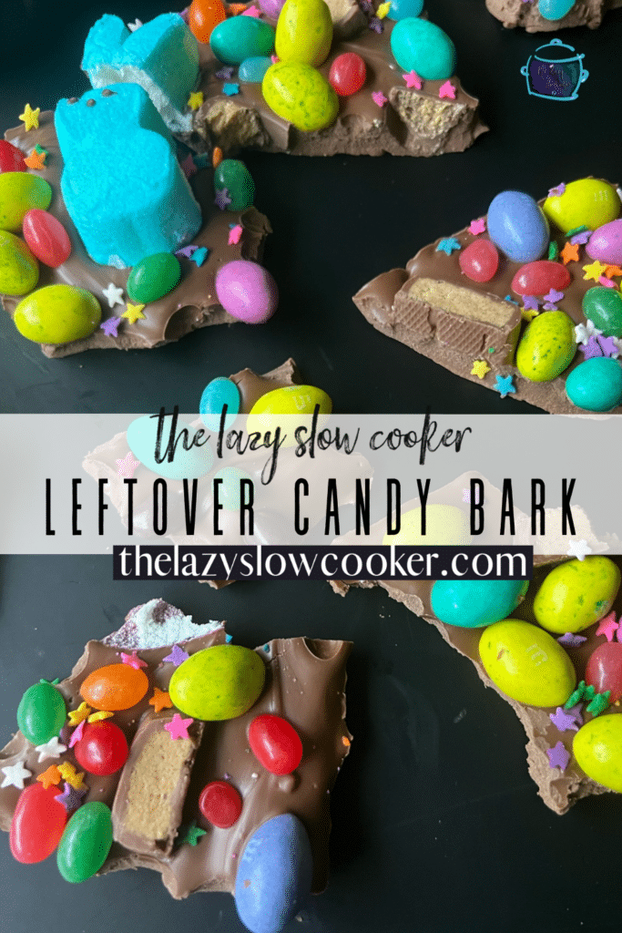 leftover colorful candy Easter eggs and other colorful candy imbedded in a chocolate bark made in the slow cooker