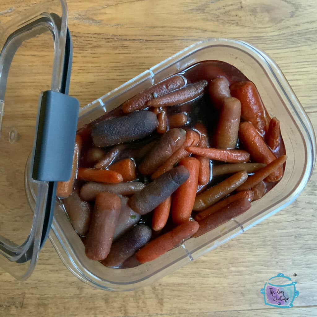 Maple carrots in storage container