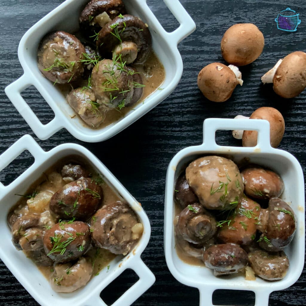 Three bowls filled with crockpot mushrooms