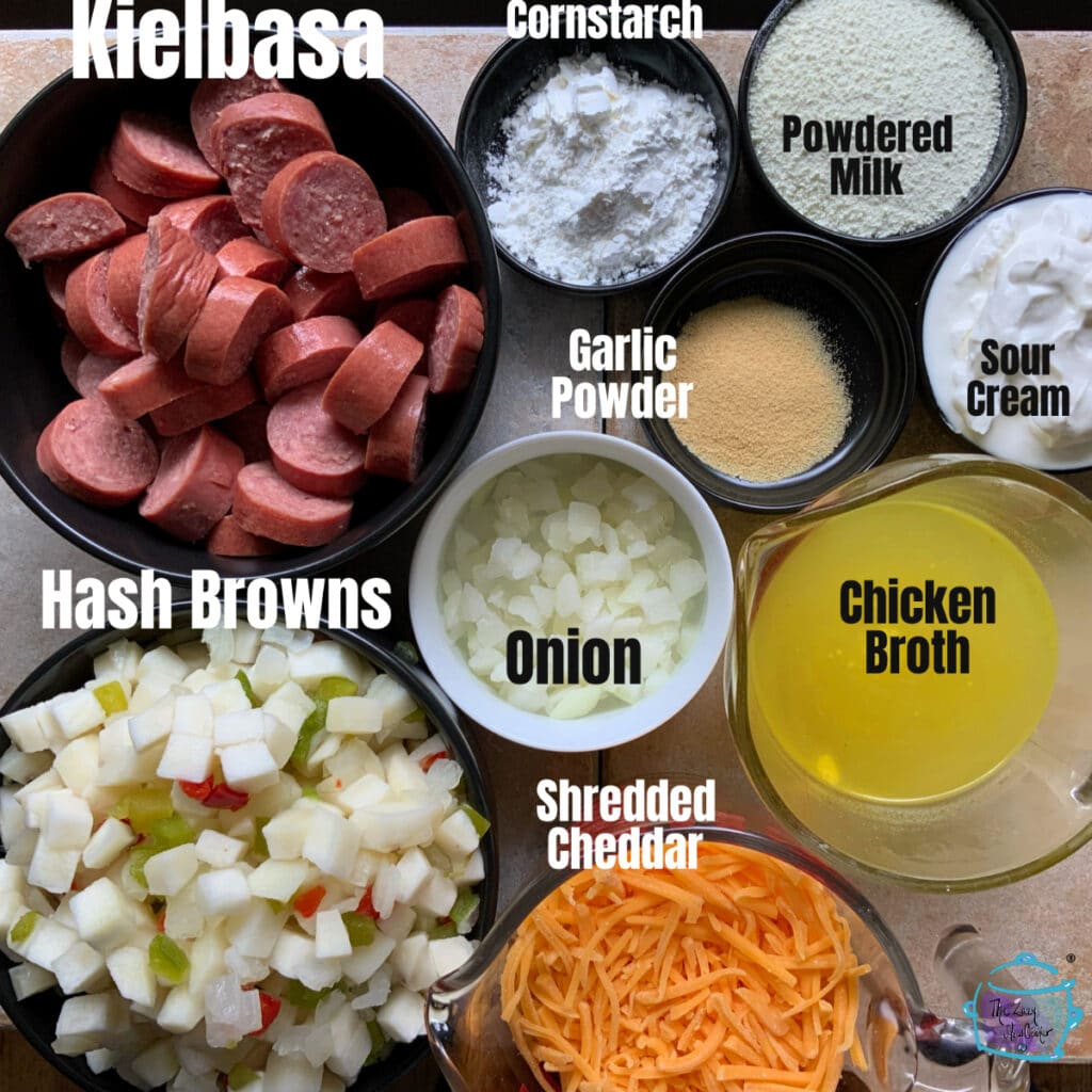 Cheesy kielbasa ingredients with labels