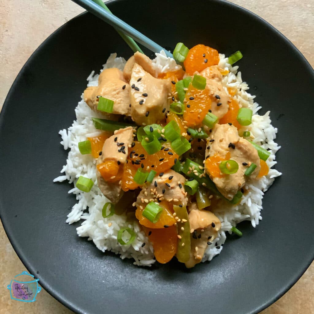 Mandarin orange chicken over rice