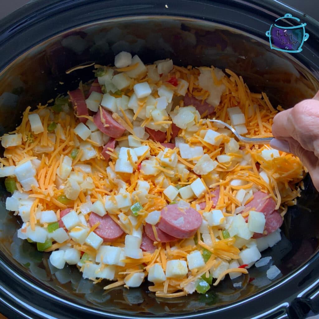 All ingredients in slow cooker ready to cook