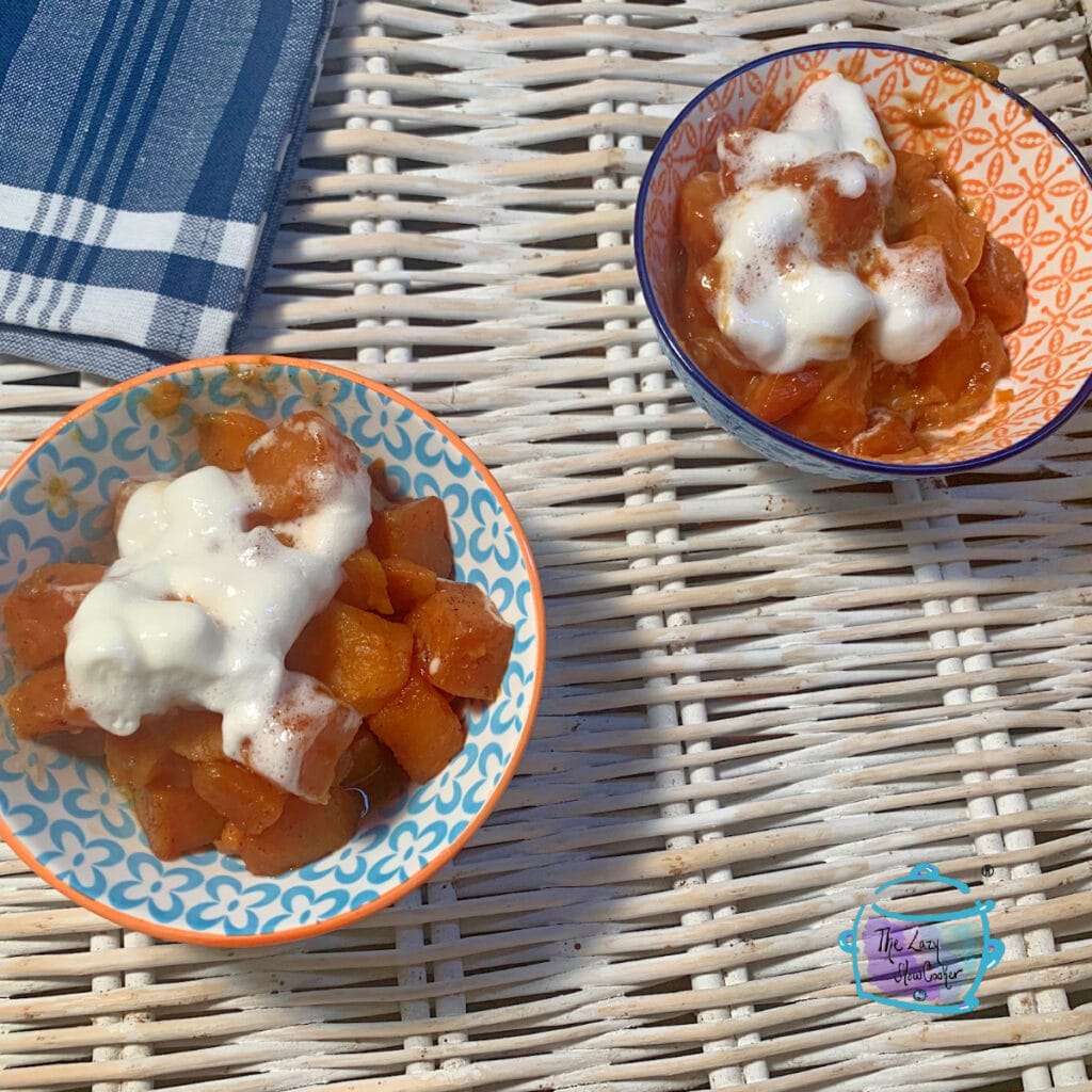 two bowls of slow cooker sweet potato casserole