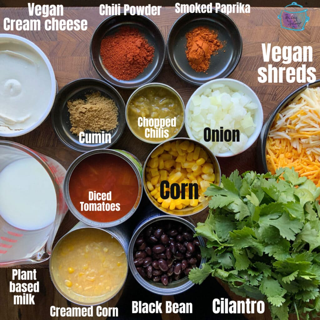 Slow cooker vegan fiesta soup ingredients with labels