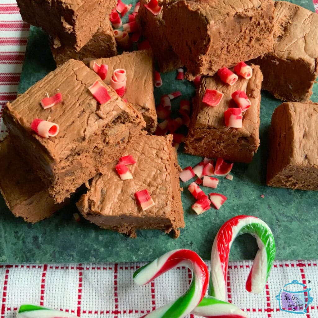 Pieces of fudge with candy canes