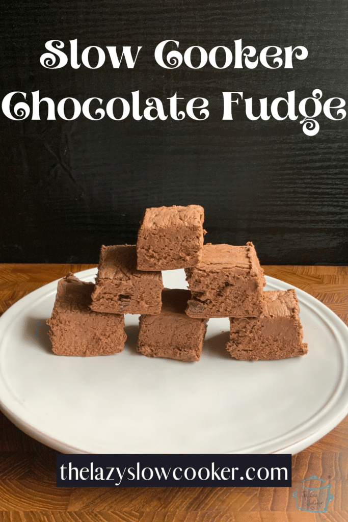 Slow cooker chocolate fudge squares stacked in a pyramid