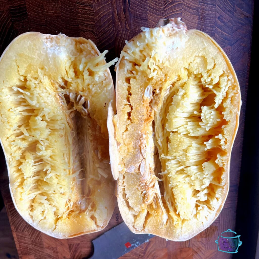 Spaghetti squash cut in half after cooking
