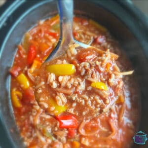 Close up of crockpot pepper soup on a ladle with the slow cooker in the background