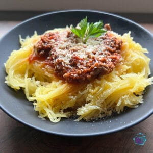 Side view of a plate of slow cooker spaghetti squash topped with meat sauce