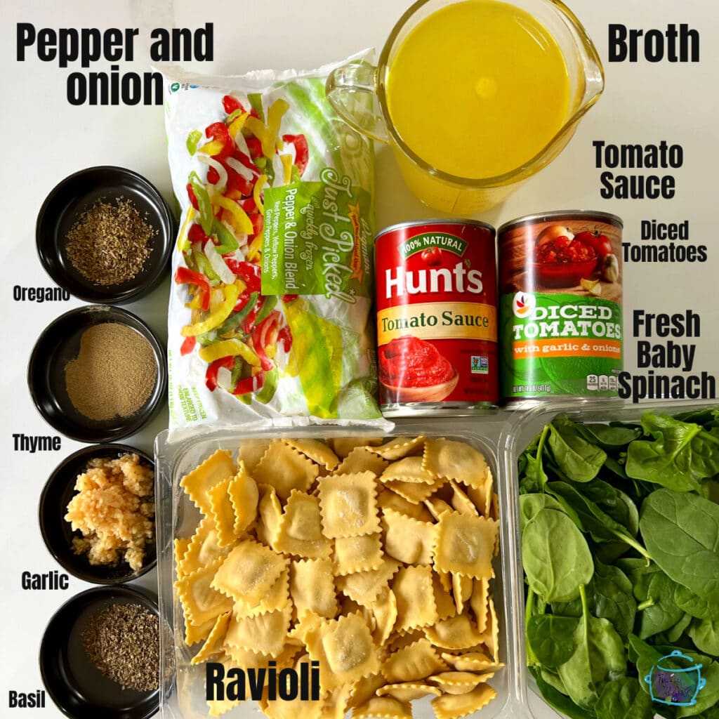 Slow cooker ravioli soup ingredients with labels
