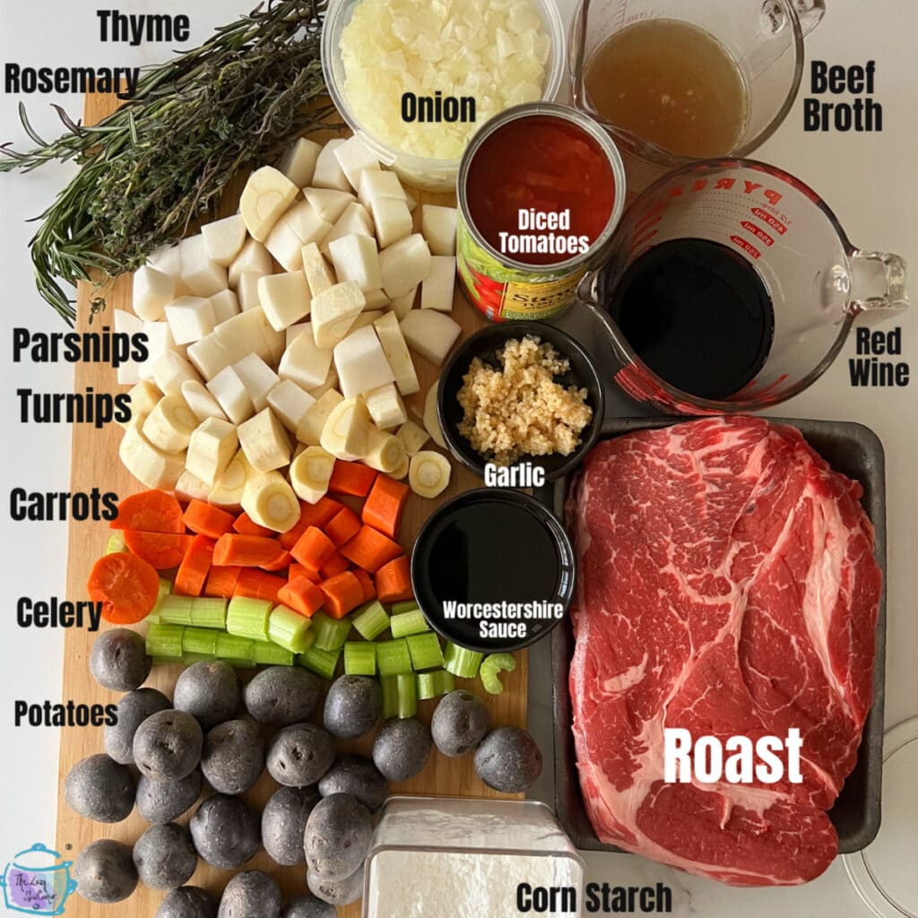 slow cooker roast ingredients before assembly with lables