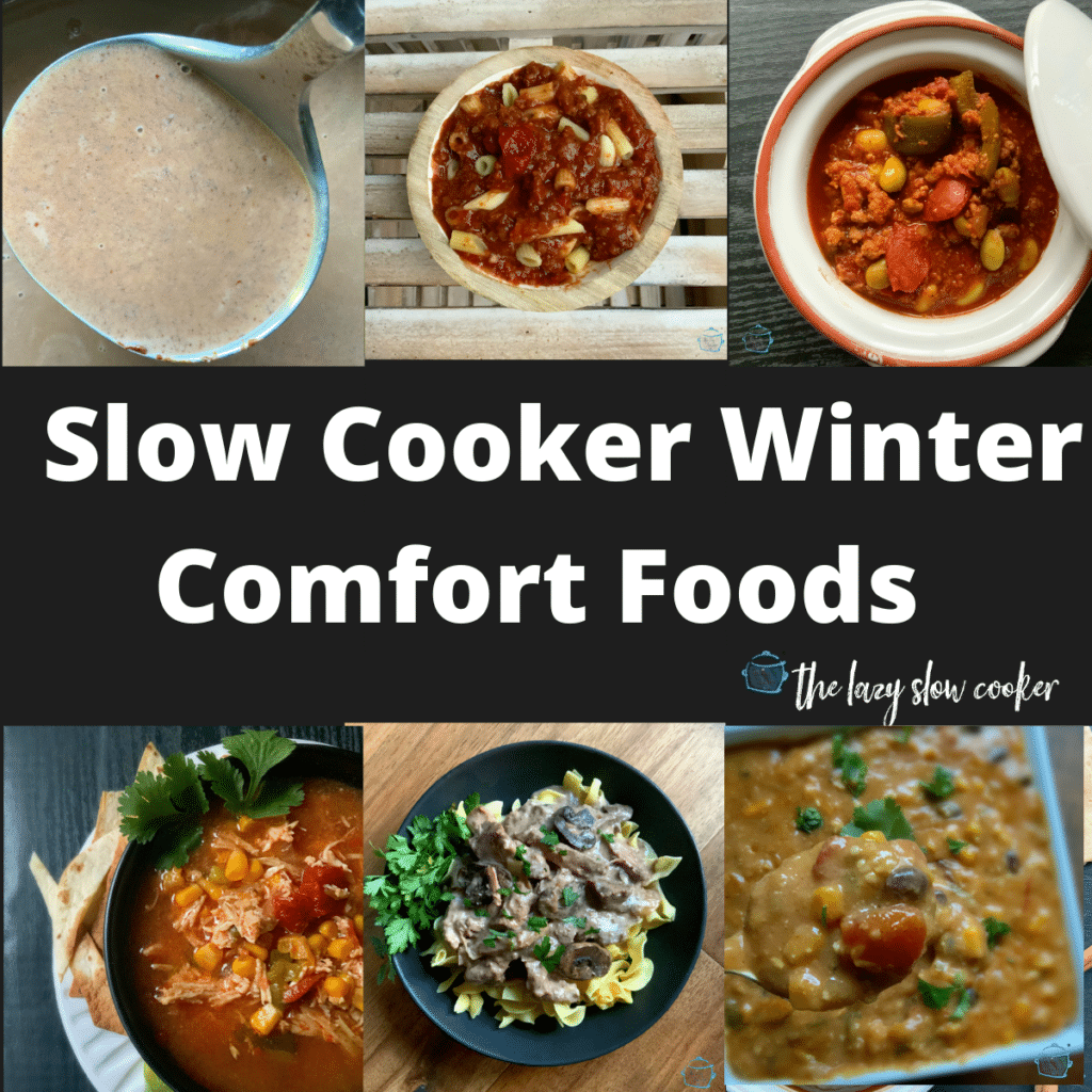 a collage of 6 different winter crockpot dishes. 